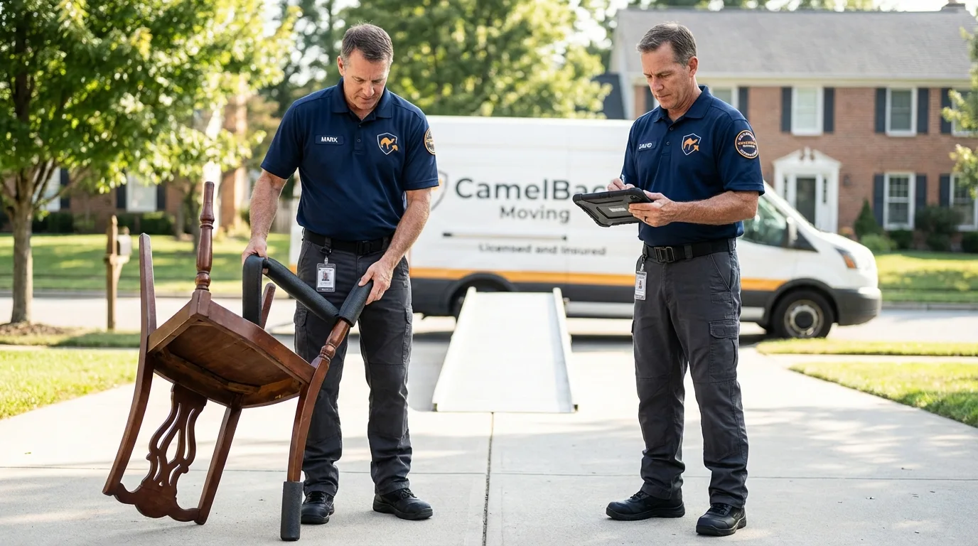 Movers inspecting furniture for damage prevention before loading in Palestine, TX